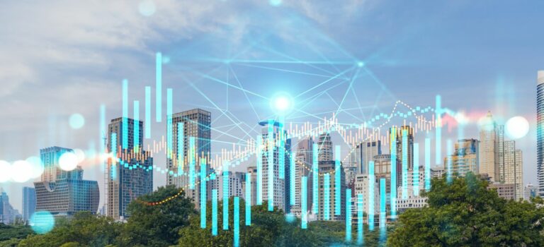 immeubles de bureaux et graphiques sur la rentabilité de l'investissement immobilier d'entreprise.