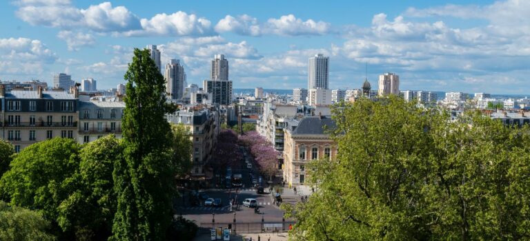 Vue sur Paris avec Montmartre au fond depuis le parc des Buttes Chaumont.