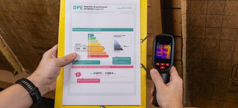 Diagnostiqueur immobilier tenant un rapport DPE et une camera thermique