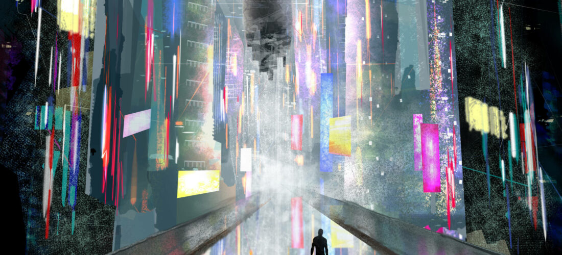 Une silhouette d'homme dans la ville de demain