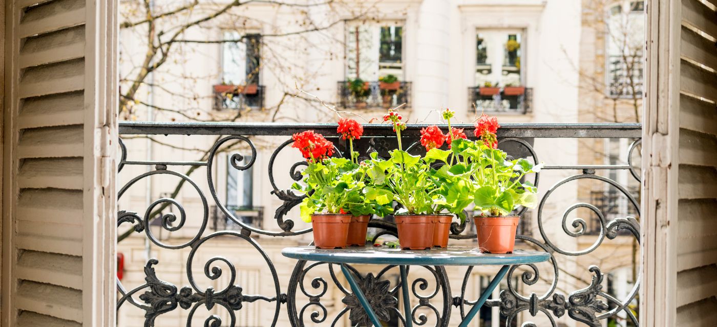 table avec un pot de fleur sur un balcon à Paris