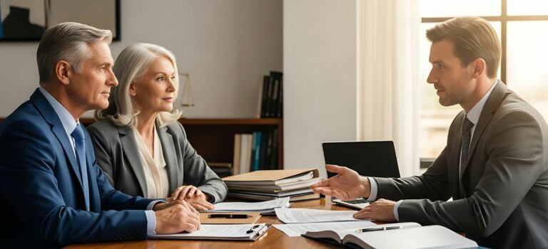 Couple consultant un notaire pour une succession