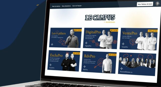 Ordinateur avec écran d'accueil des formations en immobilier Le Campus Accelerimmo de Immo2