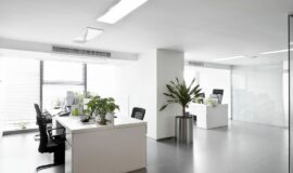 Open Space avec 3 bureaux blancs, et des plantes vertes pour illistrer l'immobilier professionnel.