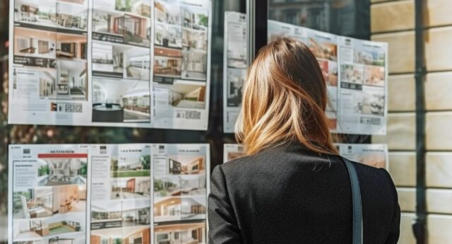 Jeune femme de dos consultant des annonces decant la vitrine d'une agence immobiliere