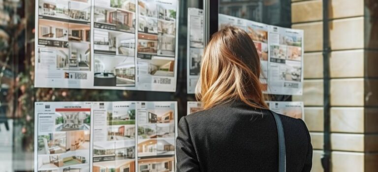 Jeune femme de dos consultant des annonces decant la vitrine d'une agence immobiliere