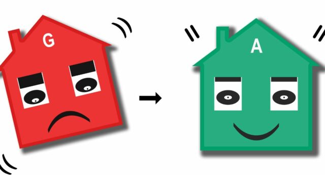 Illustration de renovation energetique et MaPrimeRenov' avec une maison rouge avec DPE G et une maison verte DPE A