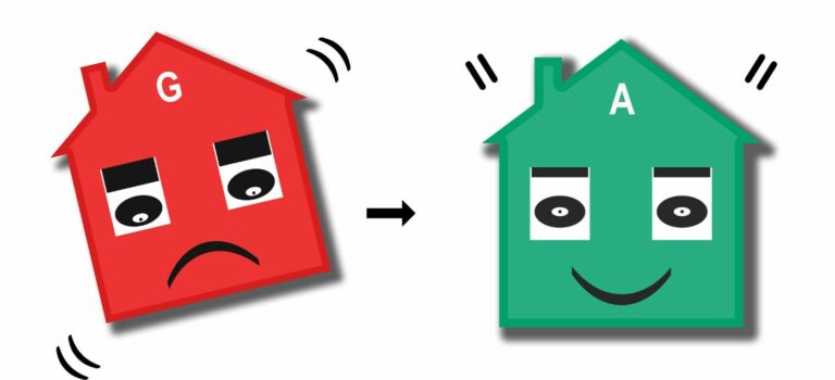 Illustration de renovation energetique et MaPrimeRenov' avec une maison rouge avec DPE G et une maison verte DPE A