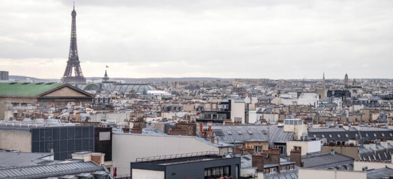 Vue aerienne de lParis et de l'Ile-de-France avec la Tour Eiffel au fond