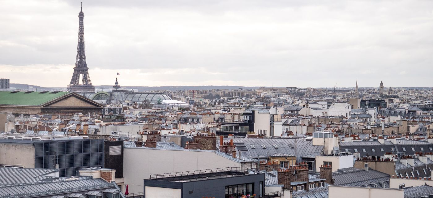 Vue aerienne de lParis et de l'Ile-de-France avec la Tour Eiffel au fond