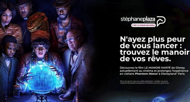 Flyer Stephane Plaza immobilier inspire de l'affiche du film le manoir hante de disney