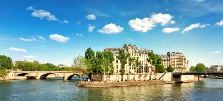 Vue d'ensemble de l'Ile Saint-Louis et de la Seine à Paris illustrant l'immobilier dans le Centre de Paris.