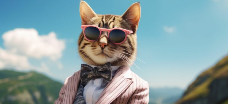 chat avec des lunettes rose et une veste rose pour illustrer l'importance de l'etat d'esprit pour l'agent immobilier