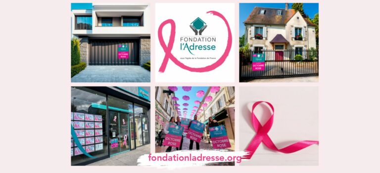 Panneaux Fondation Adresse soutient Octobre Rose posés sur des maisons et des agences immobilières