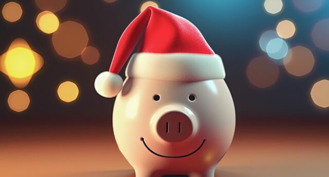 tcochon tirelire avec un chapeau de pere noel et des boules de noel