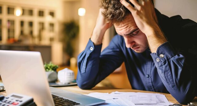 Homme se tenant la tete devant son ordinateur pour illustrer le stress de la crise chez les agents immobilier