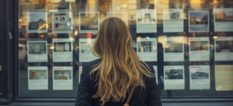 Jeune femme devant une agence immobiliere