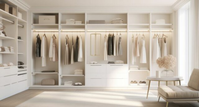 Dressing lumineux et elegant avec des etageres et des penderies ouvertes, rempli de vetements soigneusement organises. Un fauteuil beige et une table basse avec un vase de fleurs completent l'amenagement. De grandes fenetres laissent entrer une lumiere naturelle abondante, creant une atmosphere sereine et aeree.
