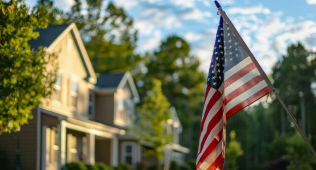Drapeau américain flottant devant une maison de banlieue dans un quartier residentiel, entouré d'arbres verts et sous un ciel bleu avec des nuages blancs.