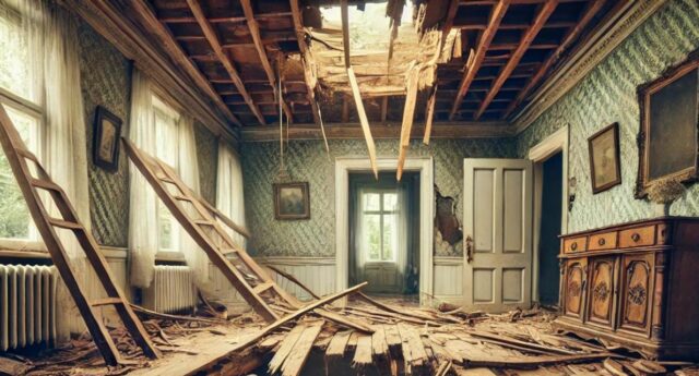 Interieur d'une maison ancienne avec un plafond effondre, des debris de bois eparpilles sur le sol . La pièce est décorée de papiers peints verts et de meubles en bois, donnant une impression de delabrement et d'abandon.