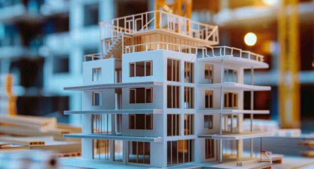 Maquette d'un immeuble en construction avec une grue en arriere plan