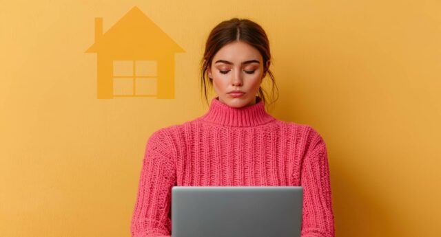 Jeune femme cherchant un logement sur son ordinateur avec une maison en toile de fond
