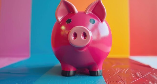 Tirelire rose en forme de cochon posee sur une surface coloree avec un fond multicolore vibrant, symbolisant l'epargne et les finances