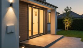 Entree de maison moderne avec eclairage de securite au crepuscule, symbolisant la protection du domicile et la securisation des biens.
