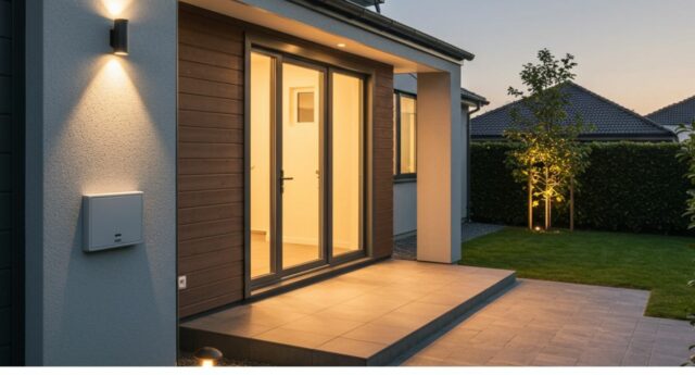 Entree de maison moderne avec eclairage de securite au crepuscule, symbolisant la protection du domicile et la securisation des biens.