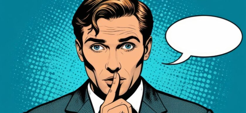 Personnage de bande dessinée masculin en costume le doigt sur la bouche