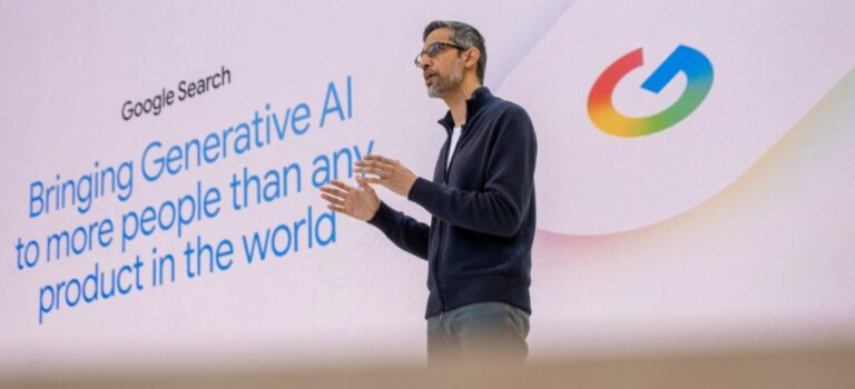 Sundar Pichai, PDG de Google, pendant la conference Google I/O à Mountain View, le 20 mai 2025