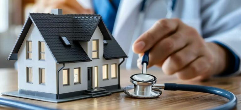 un stethoscope pose sur une maison miniature pour illustrer l'assurance sane