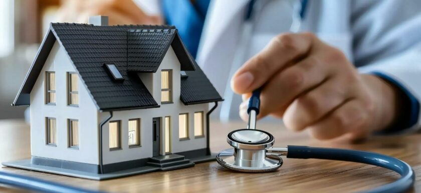 un stethoscope pose sur une maison miniature pour illustrer l'assurance sane