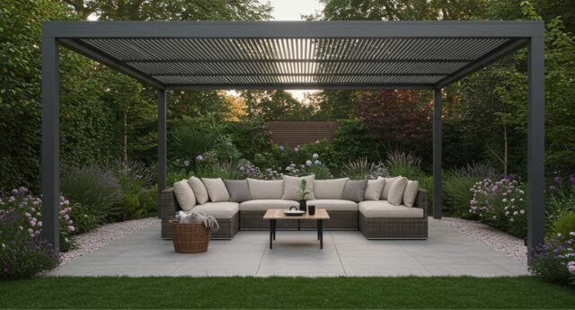 Salon de jardin moderne avec canape d angle en rotin sous pergola en metal gris dans un jardin fleuri