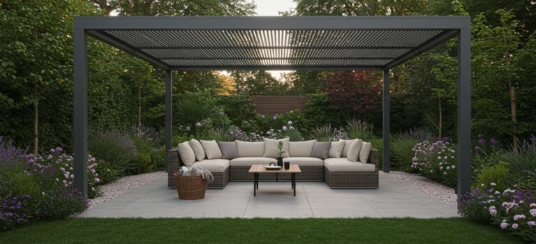 Salon de jardin moderne avec canape d angle en rotin sous pergola en metal gris dans un jardin fleuri