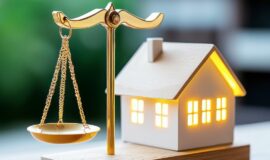 Une balance doree de la justice posee a cote d’une maison miniature éclairee