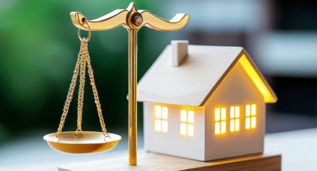Une balance doree de la justice posee a cote d’une maison miniature éclairee