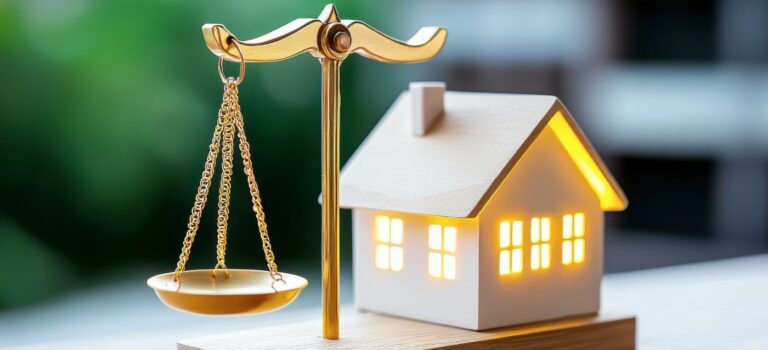 Une balance doree de la justice posee a cote d’une maison miniature éclairee