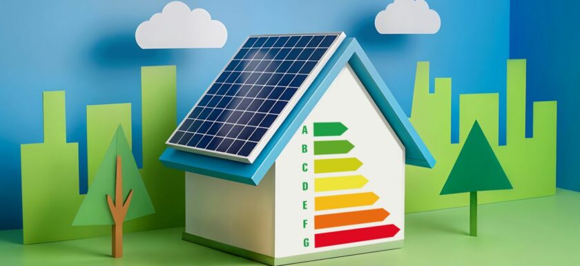 maison miniature avec des etiquettes energetiques de A a G
