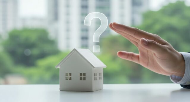 Agent immobilier pointant une maison miniature, illustration du dilemme de vendre son propre bien immobilier