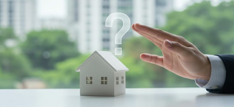 Agent immobilier pointant une maison miniature, illustration du dilemme de vendre son propre bien immobilier