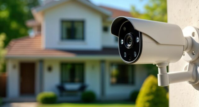 Camera de surveillance installee sur une maison, source de litige de voisinage.
