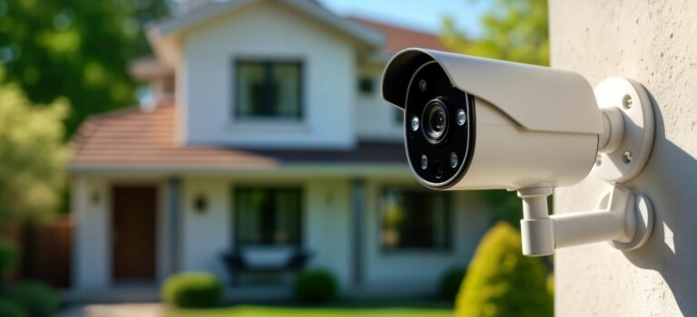 Camera de surveillance installee sur une maison, source de litige de voisinage.