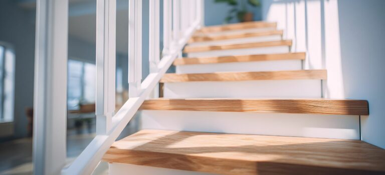 Escalier moderne en bois clair et blanc dans une maison renovee