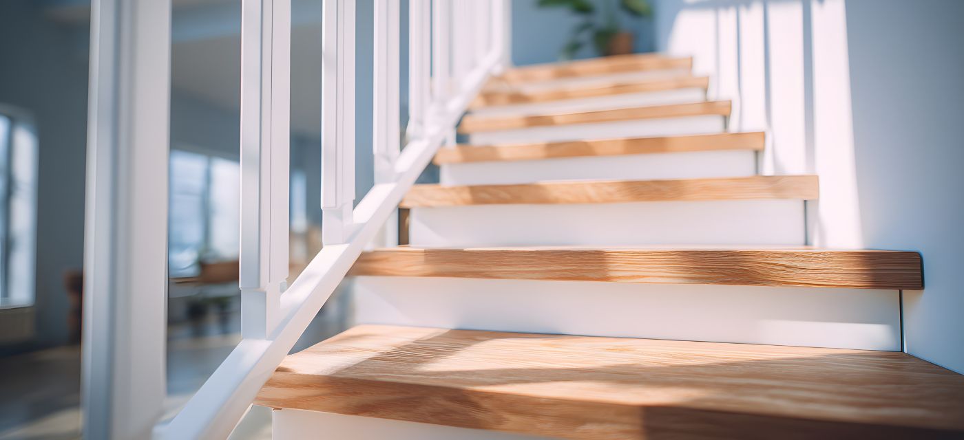 Escalier moderne en bois clair et blanc dans une maison renovee