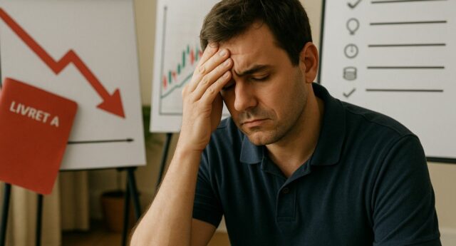 Homme inquiet devant la baisse du Livret A et des graphiques financiers