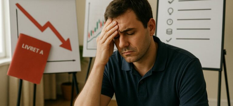 Homme inquiet devant la baisse du Livret A et des graphiques financiers