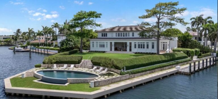 Manoir de Robbie Williams à Miami avec piscine ronde et façade sur la baie