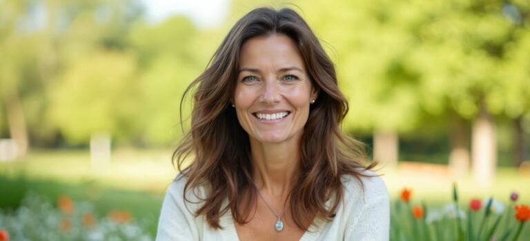 Femme souriante aux cheveux bruns, assise dans un parc au printemps, illustrant un article sante-bien-etre sur la prevention de la chute de cheveux.
