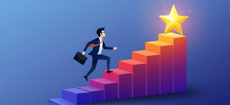 agent immobilier montant des marches vers une étoile, symbolisant la quête d’excellence professionnelle
